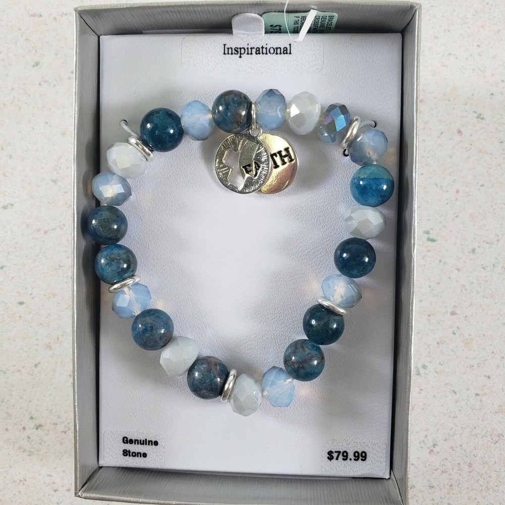 Genuine Stone BLUE STONE FAITH & CROSS HEART Charm Stretch Bracelet New in Box